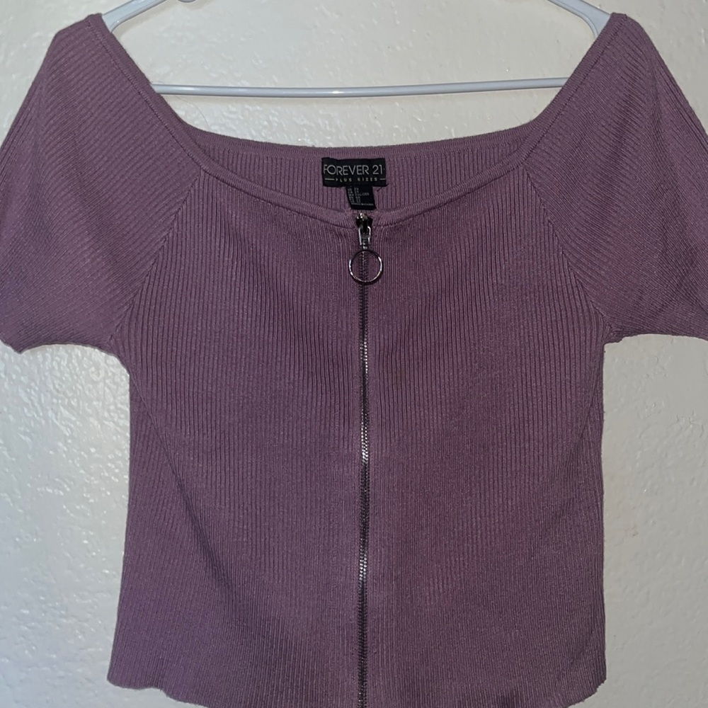 purple off shoulder shirt